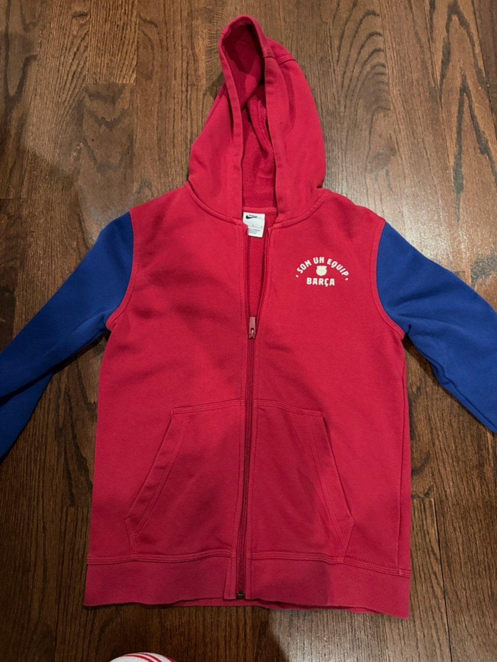 Nike Kids Red Hooded Zip Sweatshirt with Blue Sleeves